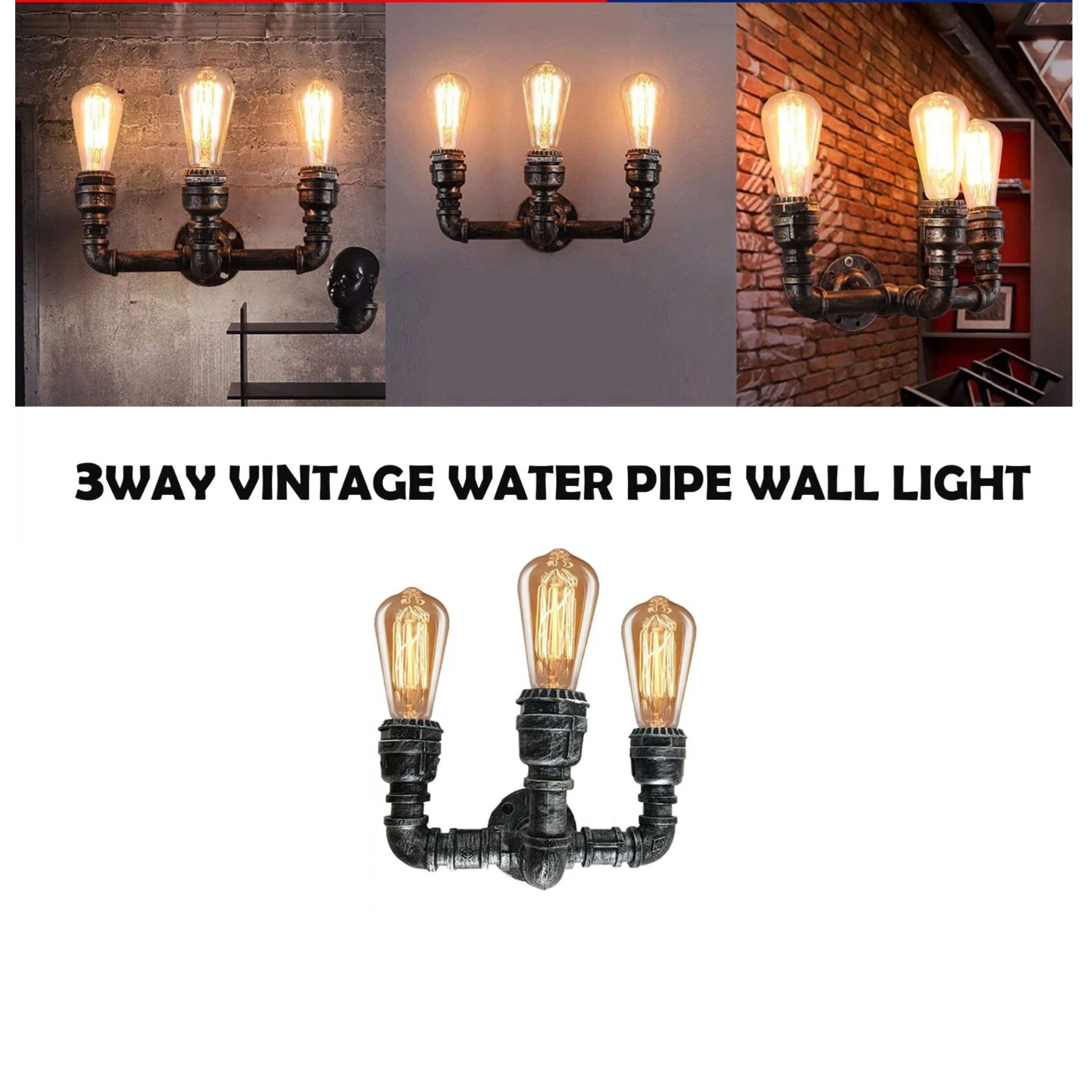 Brushed Silver 3-Way Industrial Pipe Wall Light E27~2888