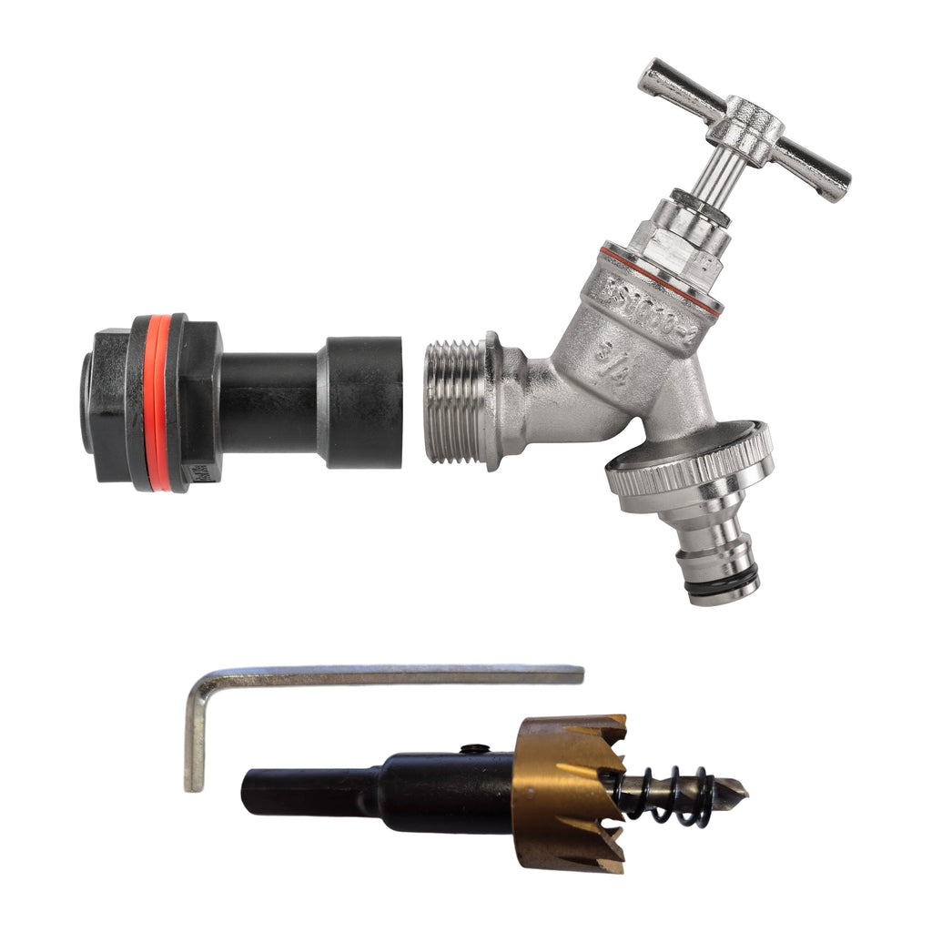 Water Butt Extension Kit 3/4in with Nickel Plated Quick Connect Tap and Drill Bi