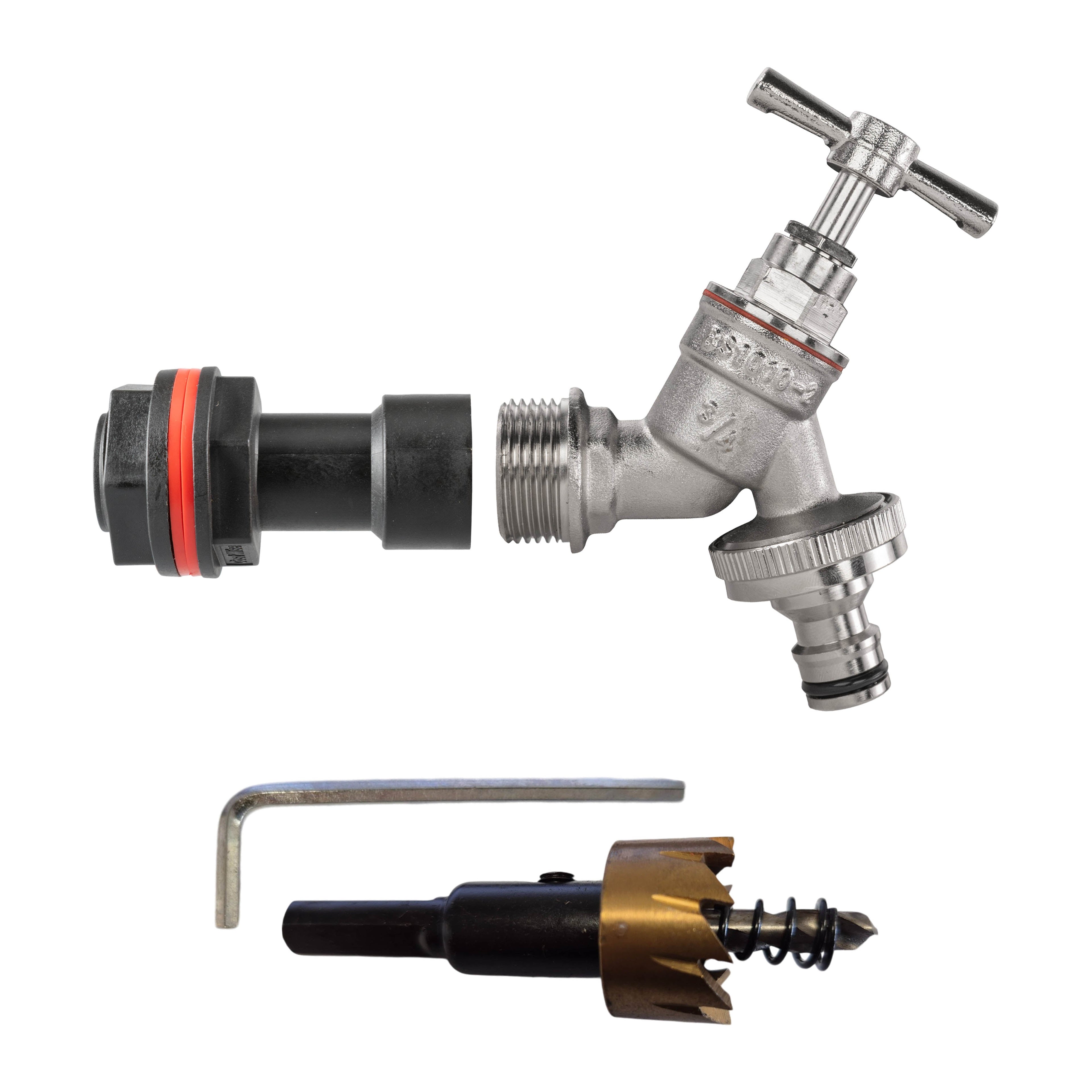 Water Butt Extension Kit 3/4in with Nickel Plated Quick Connect Tap and Drill Bi